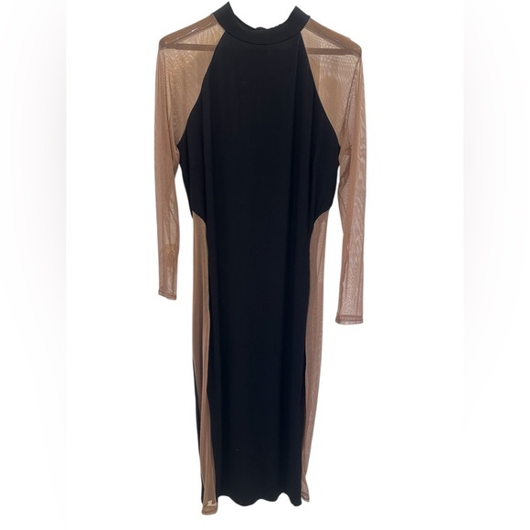 MAXI Black Lined & Tan Mesh Peek a Boo Shoulders & Sides Dress Size L NWOT - Picture 5 of 12